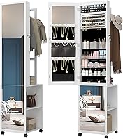 Hzuaneri 66.9" 5-in-1 Jewelry Armoire with 8 LED Mirror, Garment Rack, Lockable Wheels & Shelves - White/Beige JC17003B