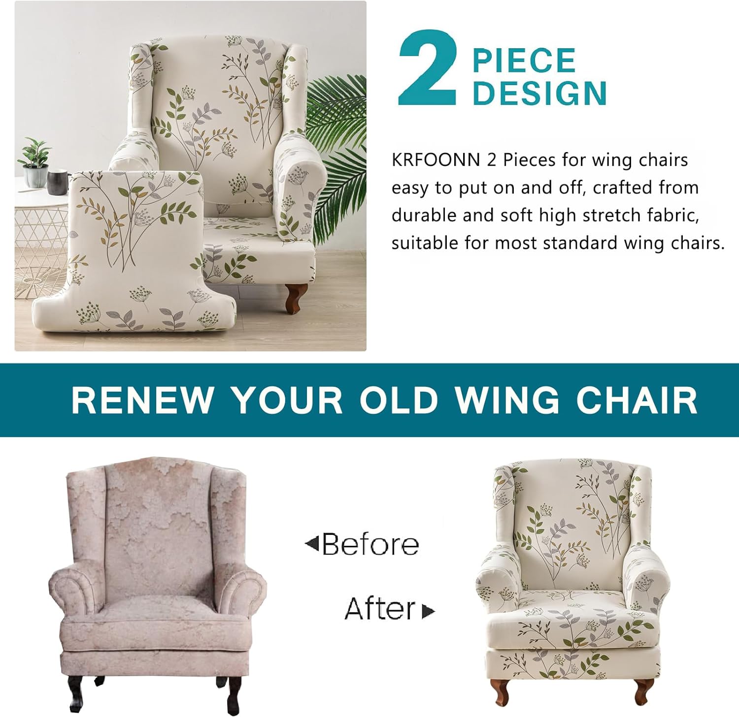 KRFOONN Wingback Chair Covers Slipcovers 2 Piece Stretch Wing Chair Covers Spandex Slipcovers Wingback Sofa Covers Armchair Covers Non-Slip Furniture Protector for Living Room Wingback Chairs, A20