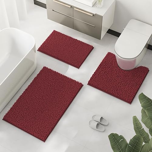 Miniatura 89 de Juego de 3 alfombras de baño extrasuaves y absorbentes, alfombras de baño de felpilla, alfombra de felpa antideslizante, juego de baño con alfombras