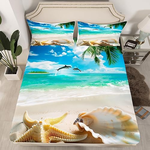 Erosebridal Sábana bajera ajustable con temática oceánica tamaño Queen, juego de ropa de cama con estampado de conchas y estrellas de mar, diseño de