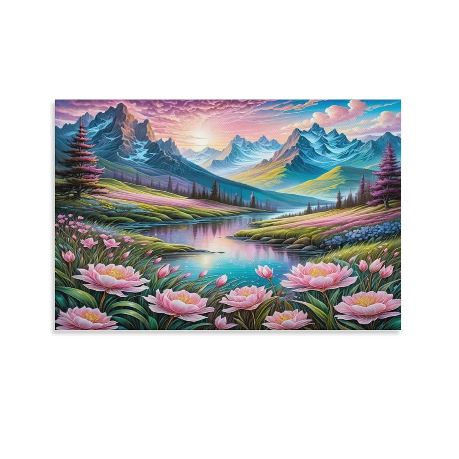 Spring Mountain Landscape with Waterfalls Single Piece Pastel Mountain Valley Lake with Pink Peonies Canvas Artwork - Kitchen Removable Wall Art Multi-Purpose Ready to Hang Decor 16x24inch(40x60cm)