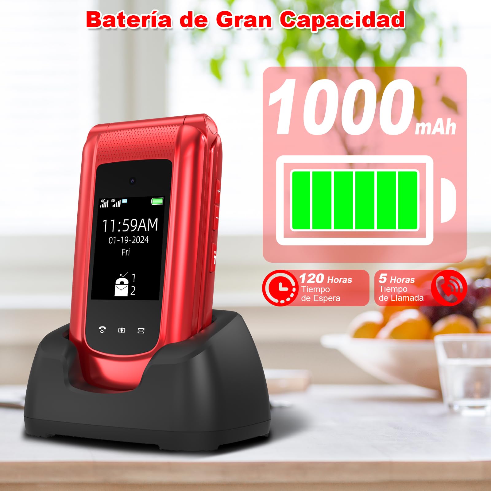 USHINING Teléfono Móvil 4G para Personas Mayores, Teléfono Móvil con Tapa Teclas Grandes Botón SOS Pantalla Doble de 2,4 y 1,77 Pulgadas Doble SIM USB-C Despertador Base de Carga, Fácil de Usar, Rojo