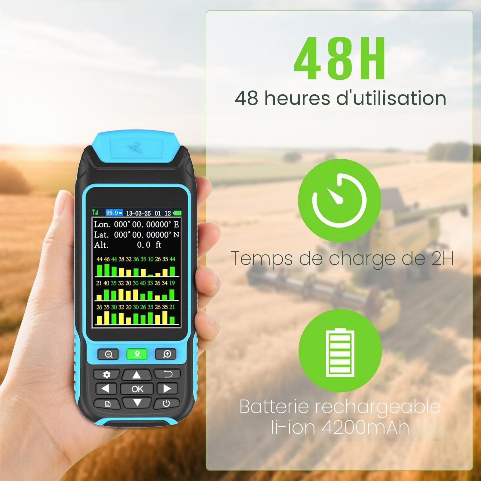 GPS Portable Mesure Superficie Distance Pente Positionnement Longitude Latitude Temps Réel Exportation PC 16x7.3x2.5 cm 436 g Piles Incluses