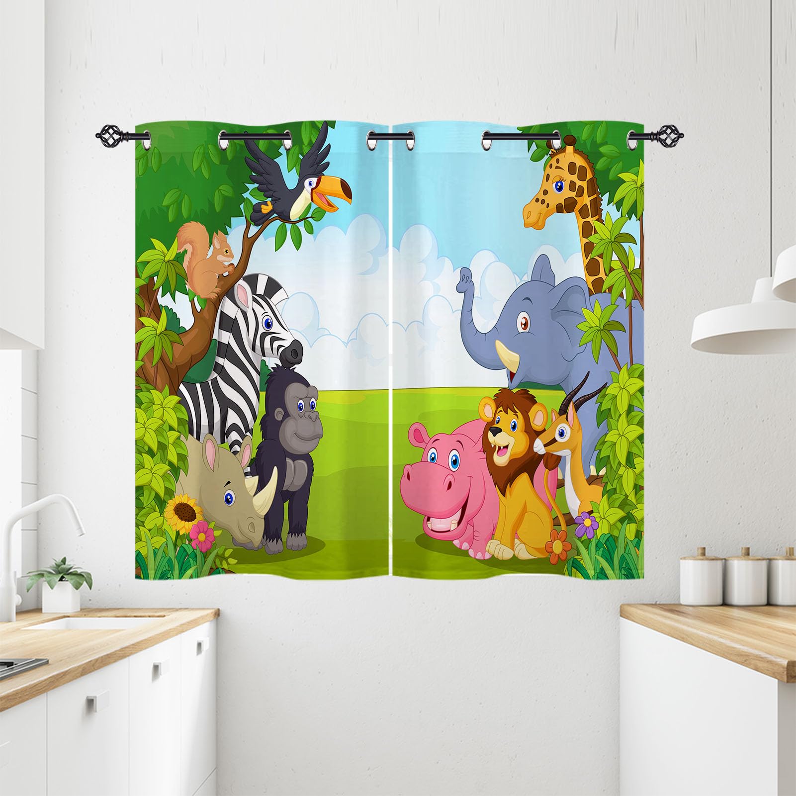 ANHOPE Safari Animal Curtains Eyelet Thermal Insulated Blackout Curtains Jungle Giraffe Elephant Lion Print Pattern Ring Top Drapes for Kids Boys Girls Bedroom Living Room 28 x 54 Inch Drop 2 Panels