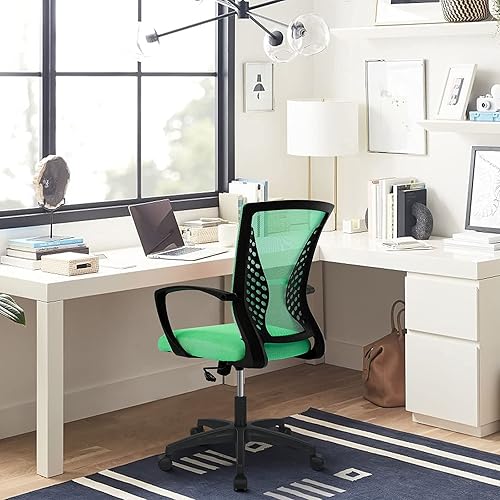 Miniatura 15 de Sillas de escritorio de oficina en casa, silla ergonómica de oficina con respaldo medio, silla de trabajo de malla con soporte lumbar y Azul,Negro