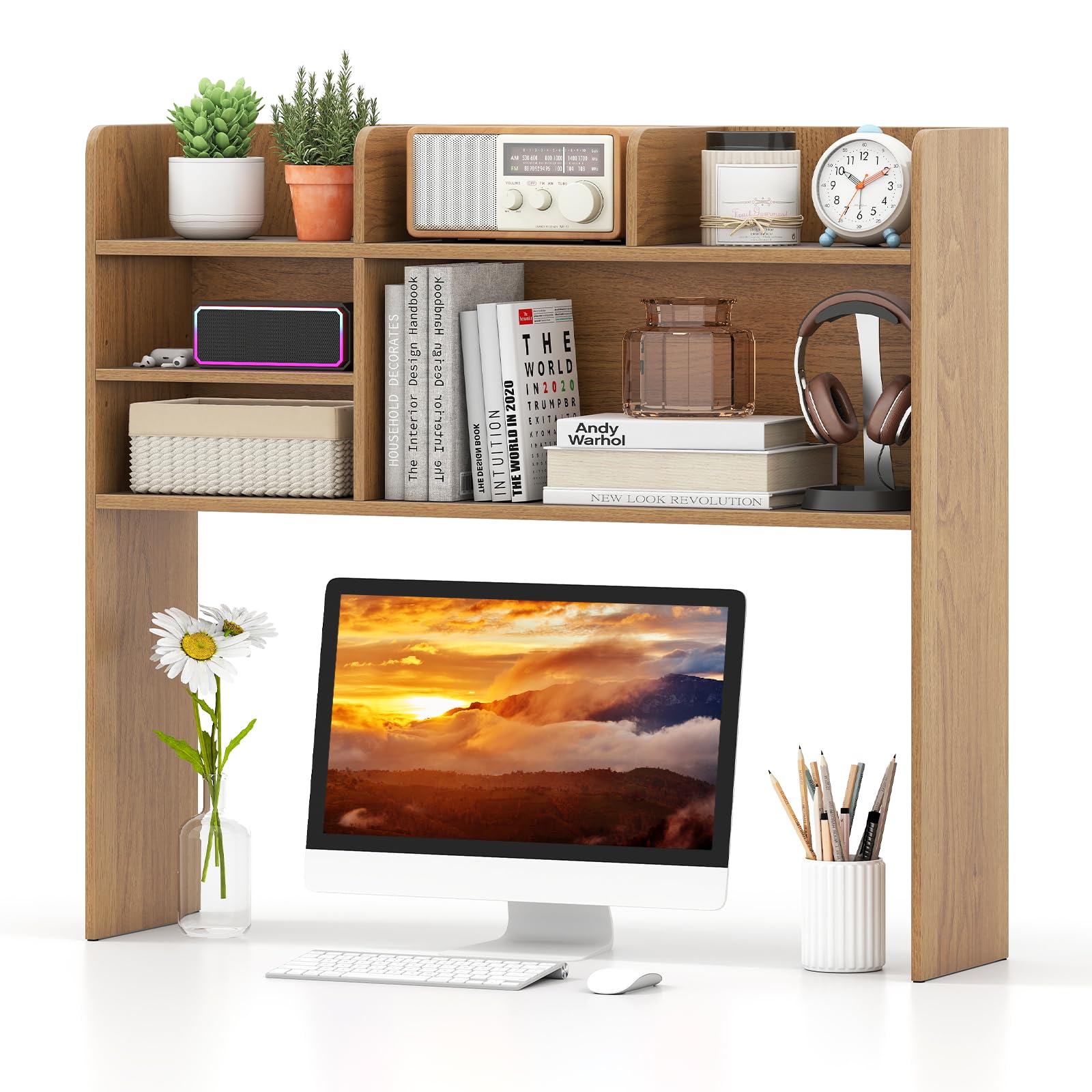Tangkula Desktop Bookshelf for Computer Up to 32”, 37” Countertop Storage Hutch with 6 Storage Shelves, 3-Tier Desktop Organizer Display Rack, Wooden Desk Hutch for Dorm Home Office (Natural)