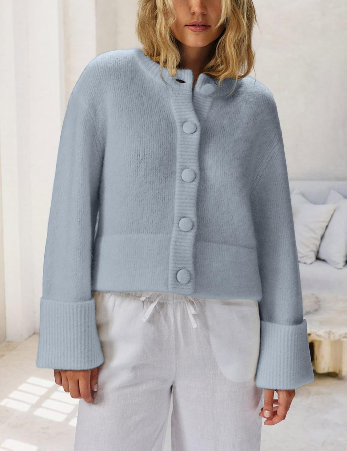 Women's Cardigans Lightweight Button Sweaters Casual High-Folded Sleeve Knit Jacket Cozy Fashion Clothing 2025