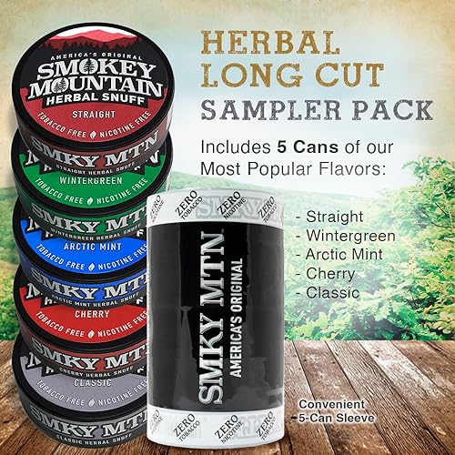Miniatura 3 de Smokey Mountain Herbal Long Cut - Caja de muestra de 5 latas - Recto, clásico, gaulteria, menta ártica y cereza - Tabaco sin tabaco y sin nicotina