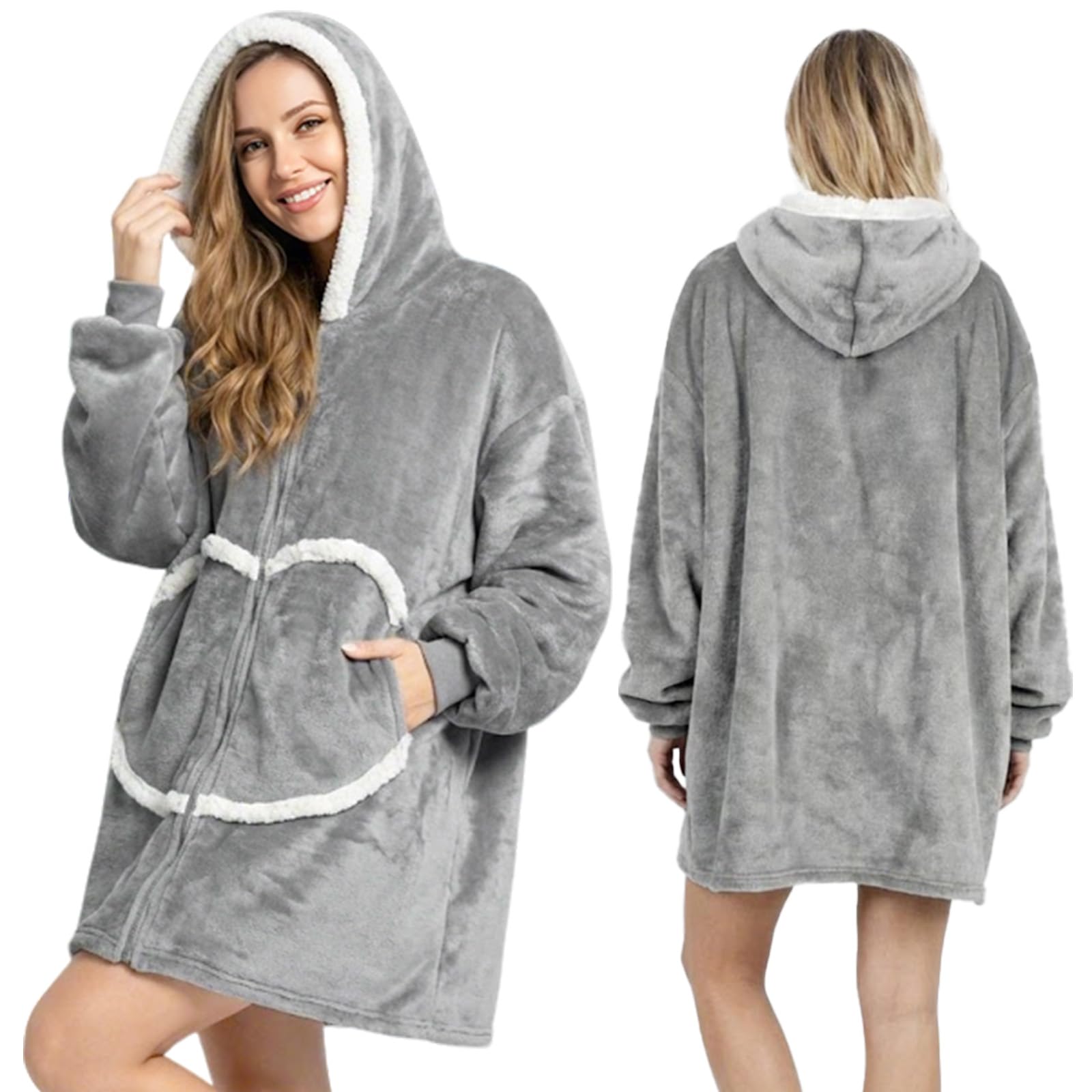 Oversized Wearab Blanket Hoodie, Cozy Flannel Blanket with Sleeves and Zipper for Women, Mens, Teens