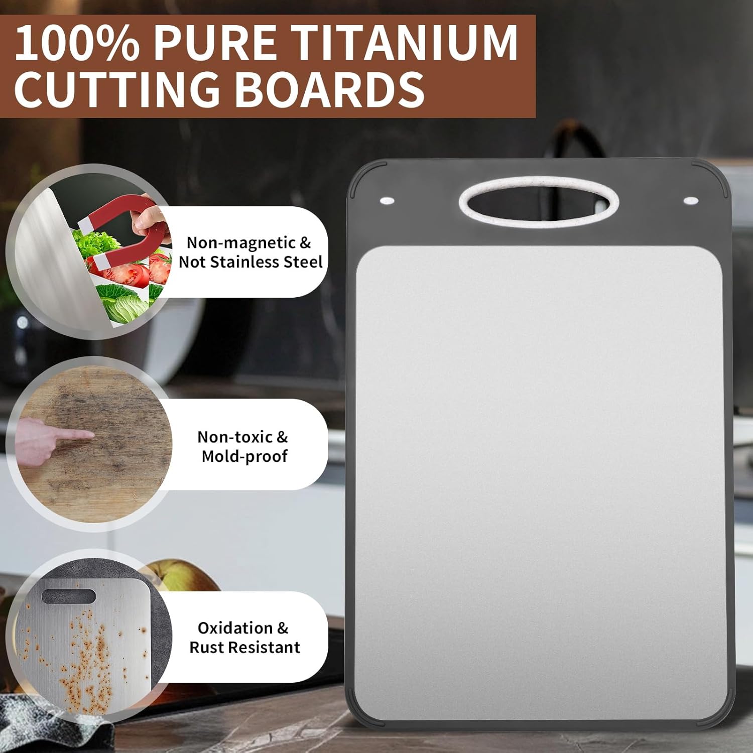 Titanium Cutting Boards for Kitchen - Katuchef Non Toxic Double Sided Metal for Meat/Fish & Wheat Straw PP for Fruits/Vegetables, Dishwasher Safe, Pure Titanium Easy Clean Chopping Board Large