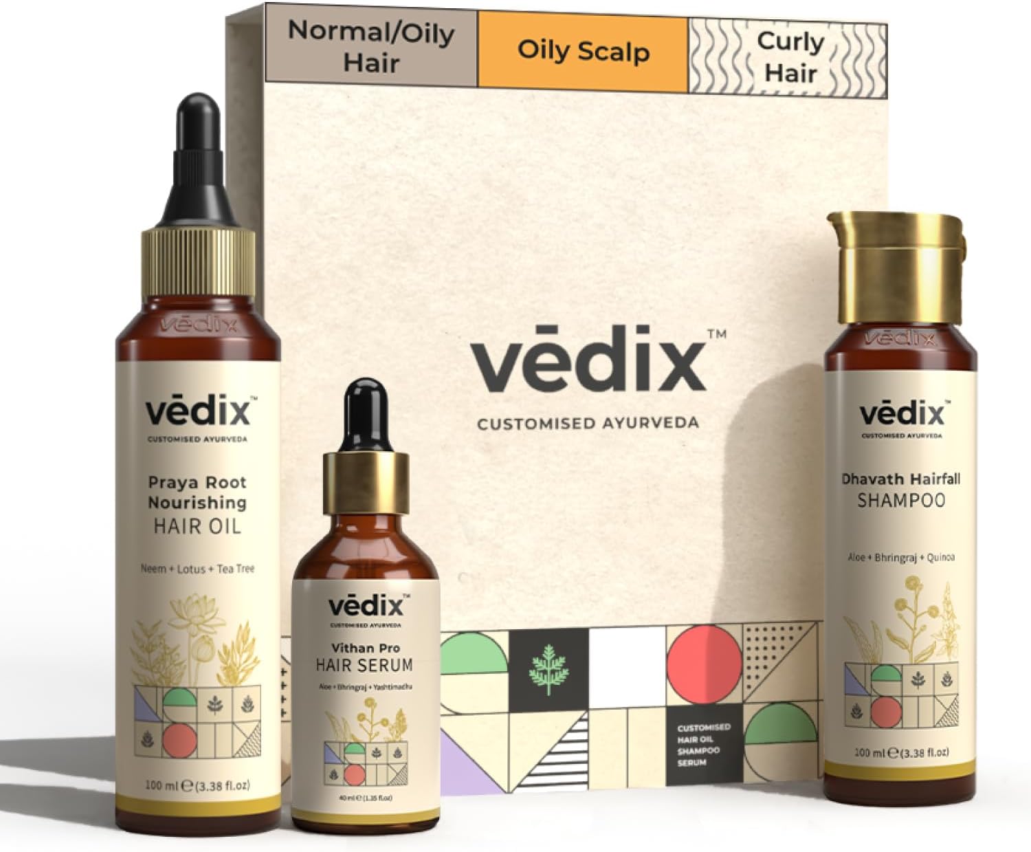 Vedix Ayurvedic Customized Hair Care Regimen For Normal/Oily Hair, Oily Scalp & Curly Hair - 3 Product Kit - Oil, Serum, Ayurvedic Shampoo