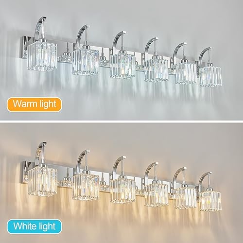 Miniatura 3 de Luces de tocador de cristal cromadas de 6 luces, modernas lámparas de baño de cristal sobre el espejo de 51.18 pulgadas de largo para baño