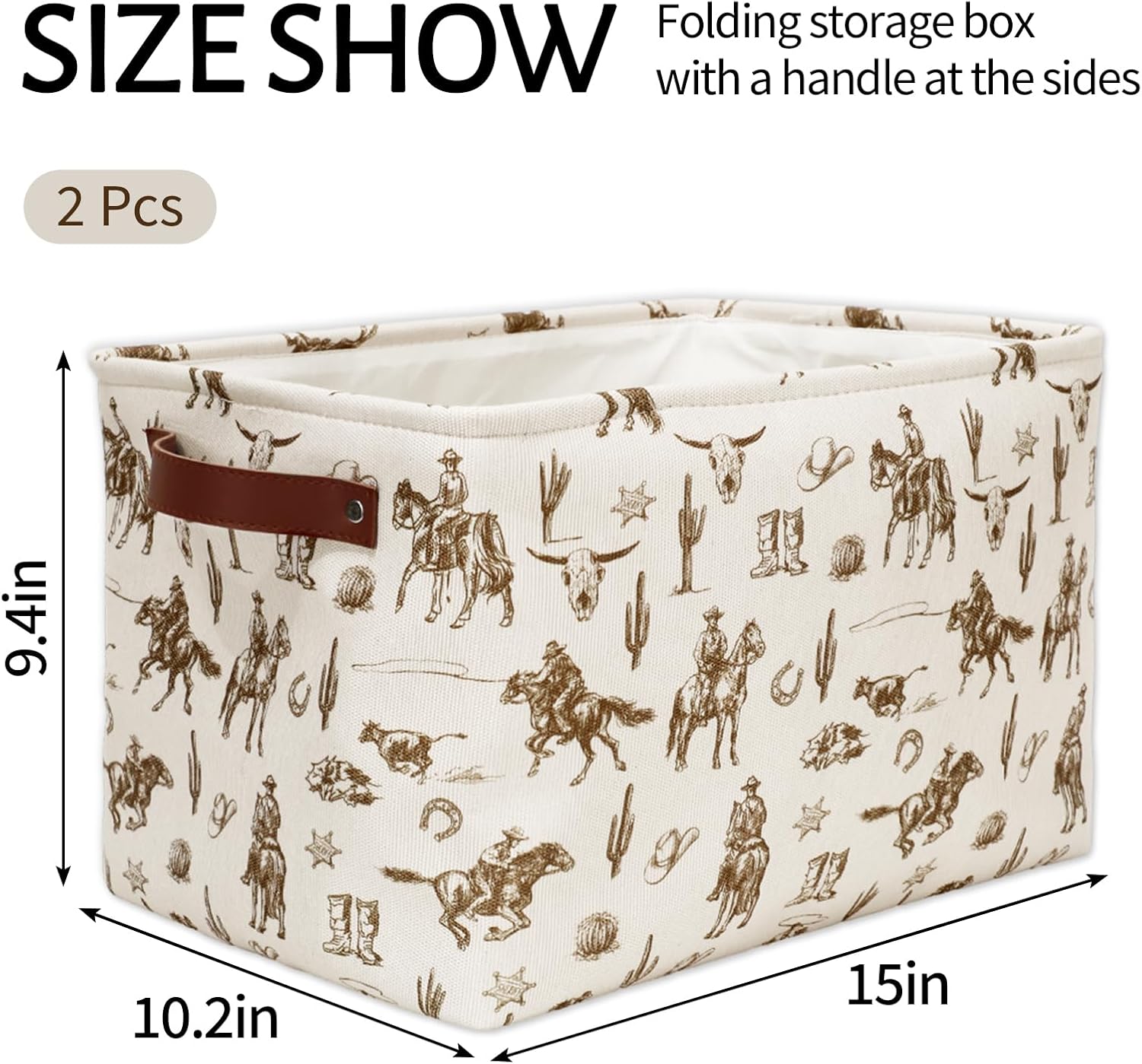 FYSUIMU 2Pcs Western Cowboy Rectangle Storage Basket Brown Wild West Rodeo Open Toy Organizer Bag with Handle 15 x 10.2 x 9.4 Inch Large Laundry Dirty Cloth Storage Bin for Bedroom Closet