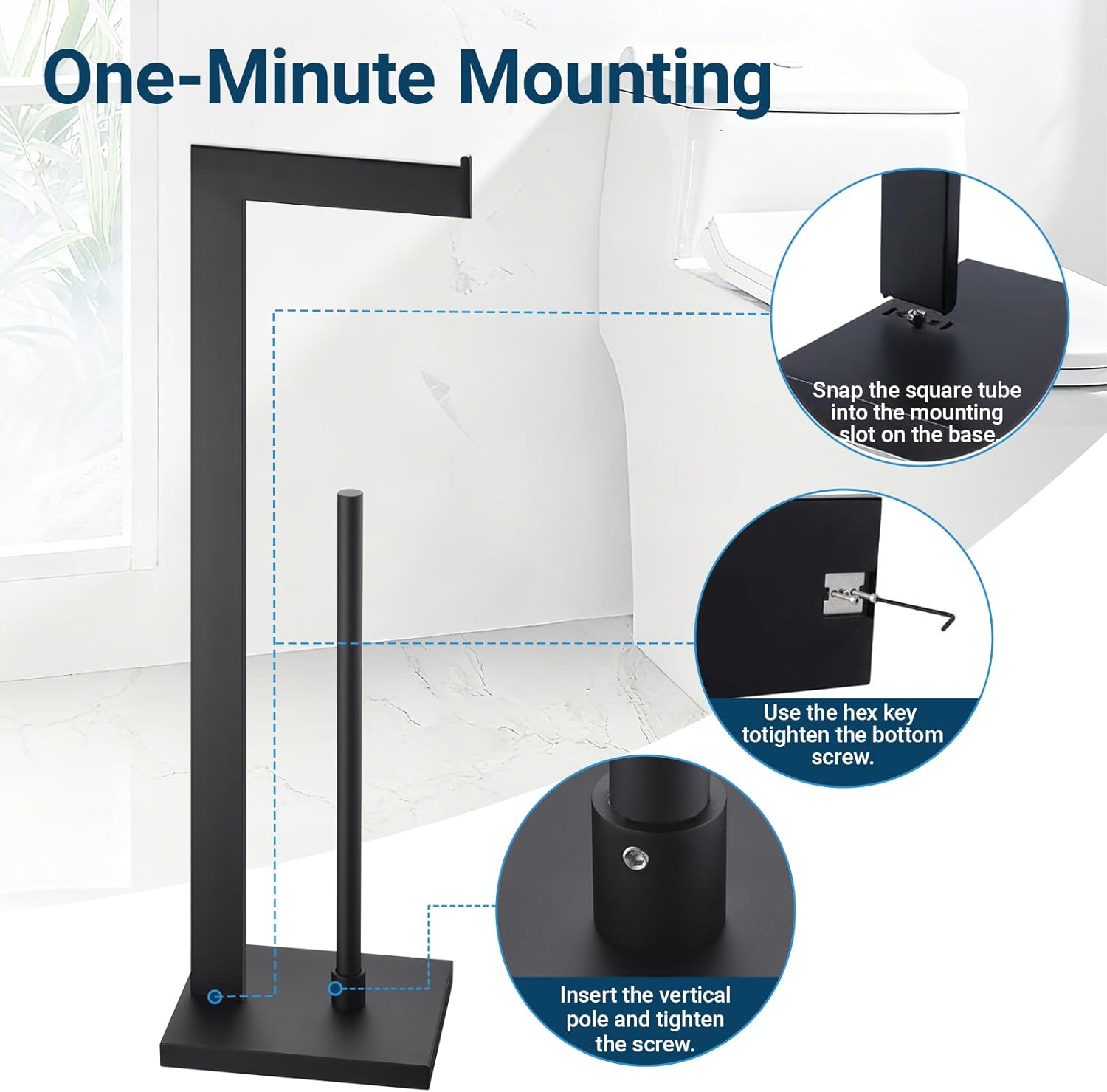 Miyili Matte Black Freestanding Toilet Paper Holder, Paper Towel Dispenser Storage Organizer for Bathroom Square Style, F03B2