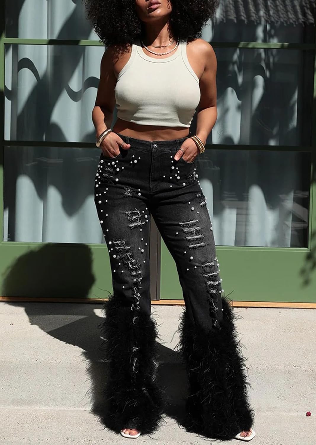 LETSVDO Women's Flare Ripped Pearl Jeans High Waist Distressed Feather Bell Bottom Stretchy Denim Pants - Image 2