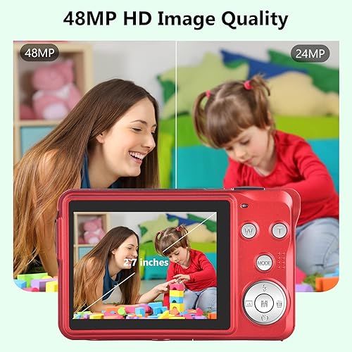 Miniatura 2 de Cámara digital para niños cámara digital de 27 K para adolescentes niños y niñas cámara de zoom digital 16X con tarjeta SD de 32 GB y 2 baterías rojo