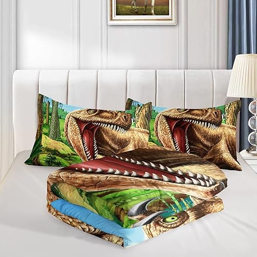 Miniatura 4 de Juego de edredón de dinosaurio 3D tamaño matrimonial para niños y niños, juego de ropa de cama de dinosaurio Jurassic Jungle de 3 piezas, incluye 1