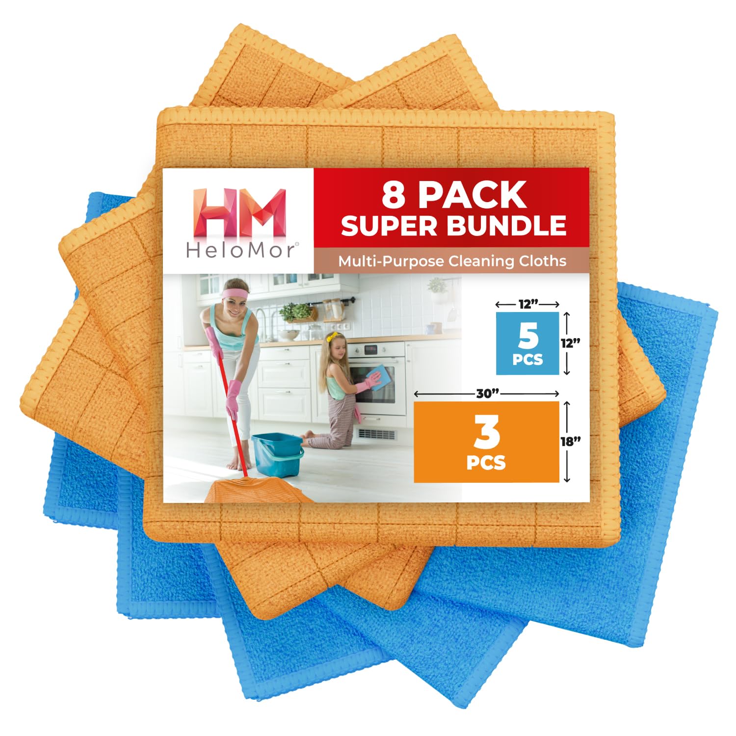 HELOMOR8pcs Pack 3 Extra Large Floor Microfiber Cleaning Clothes 30"x18" for Squeegee Mop, Plus 5 Reusable 12"X12" Multi-Purpose Rags for House Kitchen Car Window Highly Absorbent, Lint & Streak Free