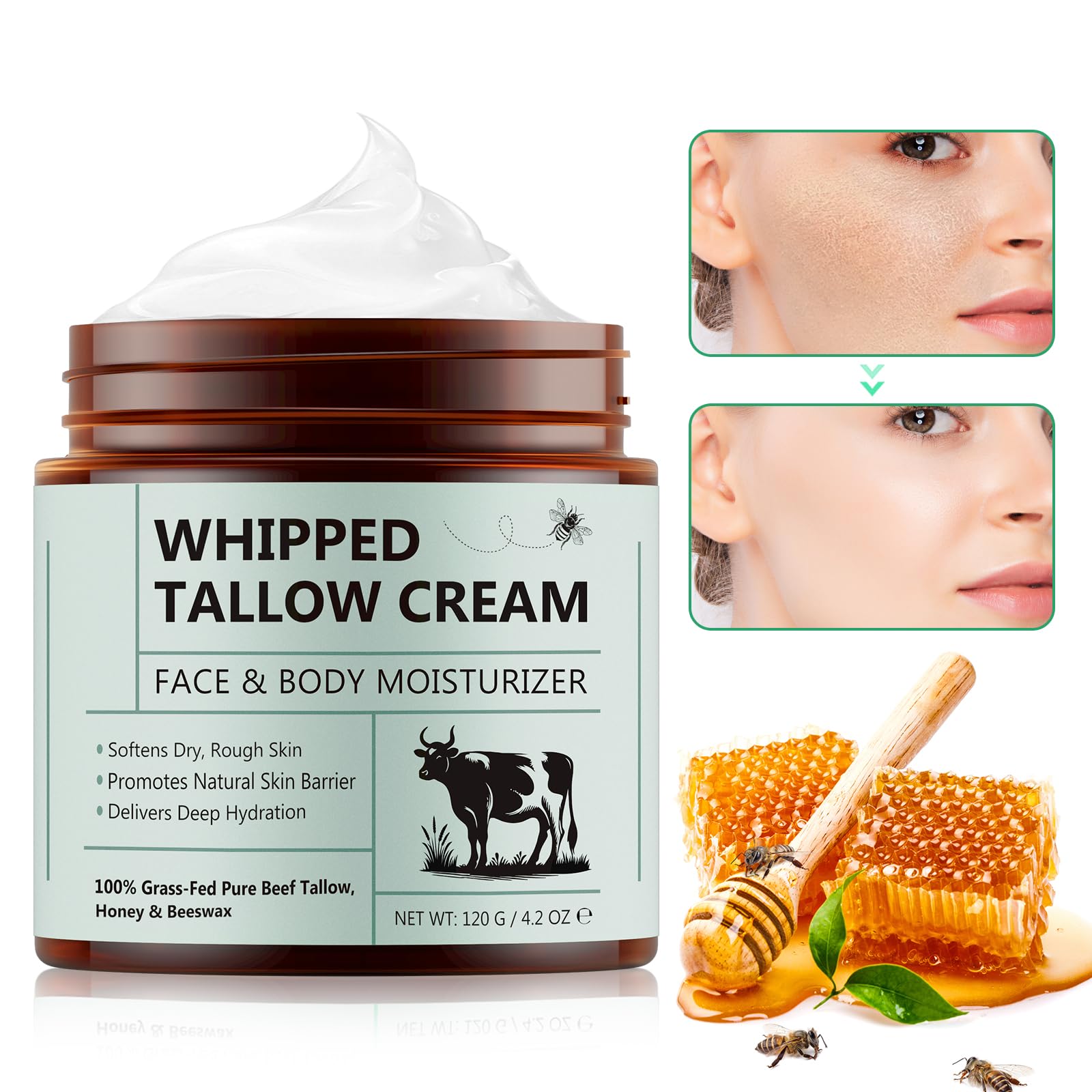Whipped Tallow & Honey Balm, 100% Grass Fed Beef Tallow for Skin Care 2-In-1 Face Cream And Body Lotion for Dry Damaged - Image 2