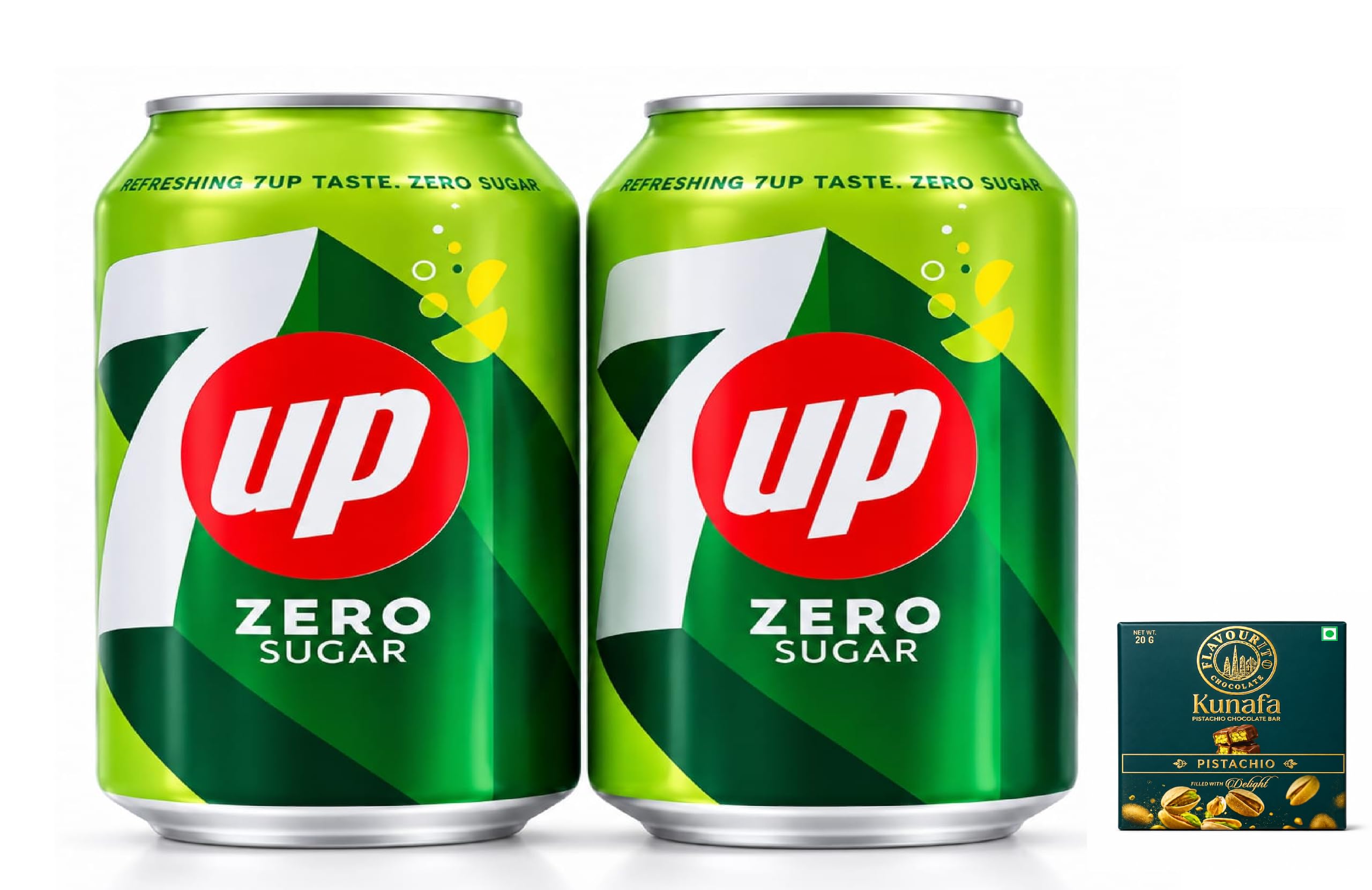 7UPs Zero Sugar Lemon Lime Flavoured Carbonated Soft Drink, Refreshing Beverage, Each 330ml Can (Pack Of 2),With Free Flavourito Kunafa Pistachio Chocolate Bar, 20g By Decadent Foods,(Imported-USA)-image-21