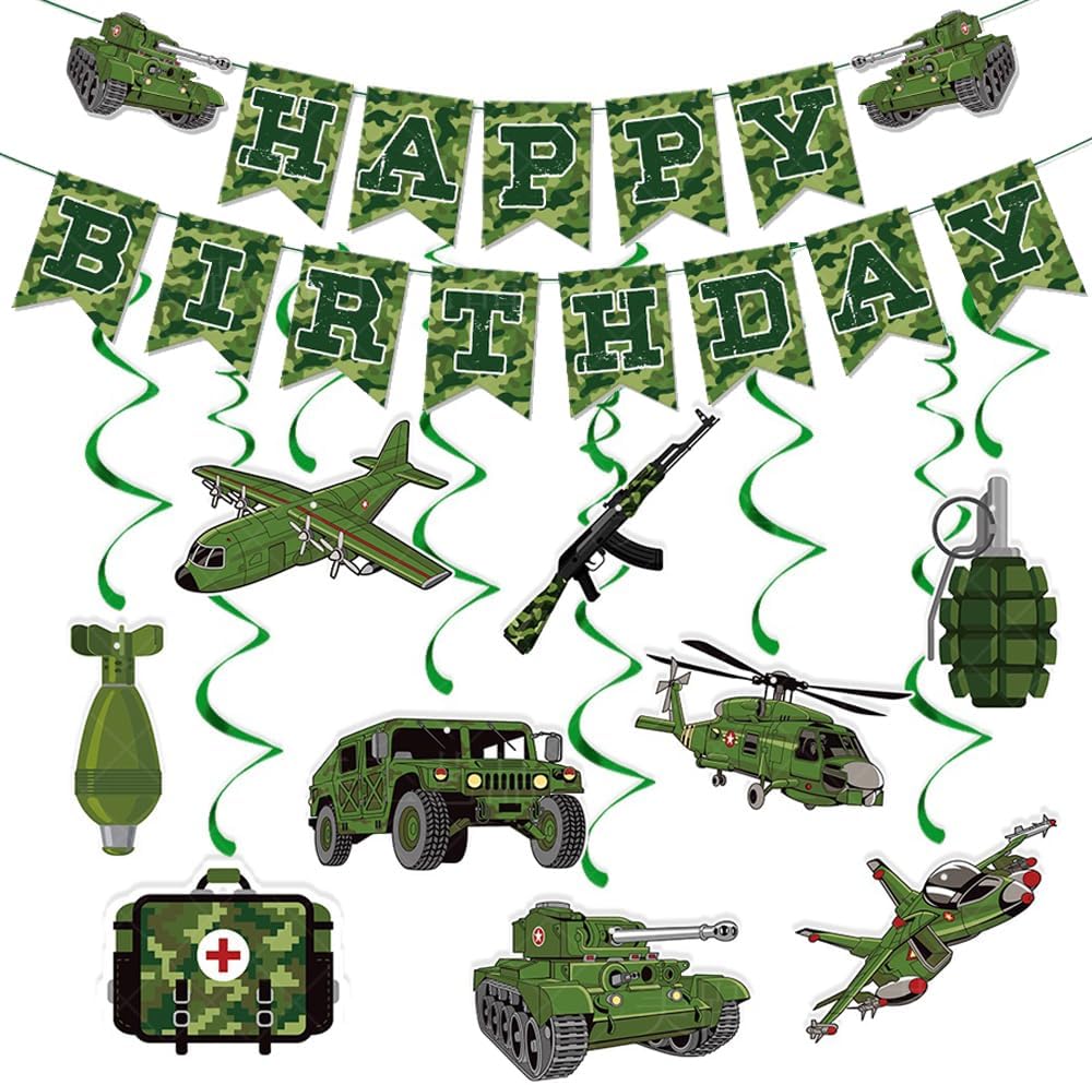 Army Birthday Party Decorations Camouflage Decoration Include Camo Banner and Military Theme Hanging Swirls Decor for Boys Girls Birthday Party Supplies