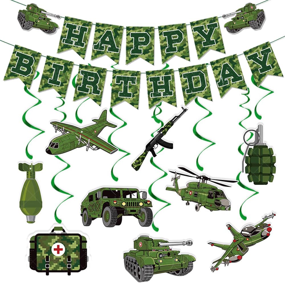 Army Birthday Party Decorations Camouflage Decoration Include Camo Banner and Military Theme Hanging Swirls Decor for Boys Girls Birthday Party Supplies