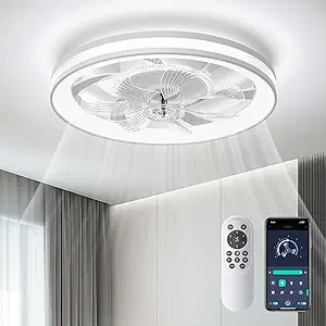 Modern Ceiling Fans with Lights-19 Low Profile Ceiling Fan for Bedroom with Quiet DC Motor-Flush Mount Ceiling Fan with Remote Control Dimmable Bladeless Ceiling Fans for Indoor/Living Room