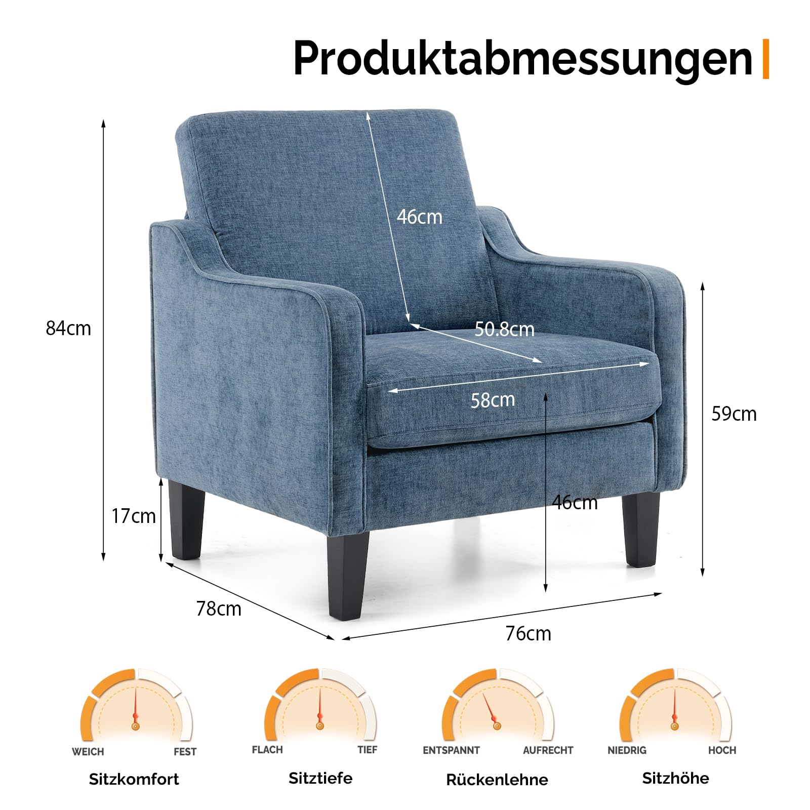 Bonnlo Sessel, Loungesessel aus Chenille, Polstersessel mit Armlehnen und Holzbeinen, Ohrensessel für Wohnzimmer,Schlafzimmer,Relaxsessel Fernsehsessel 76 x 78 x 84 cm,Komfort (2, blau)