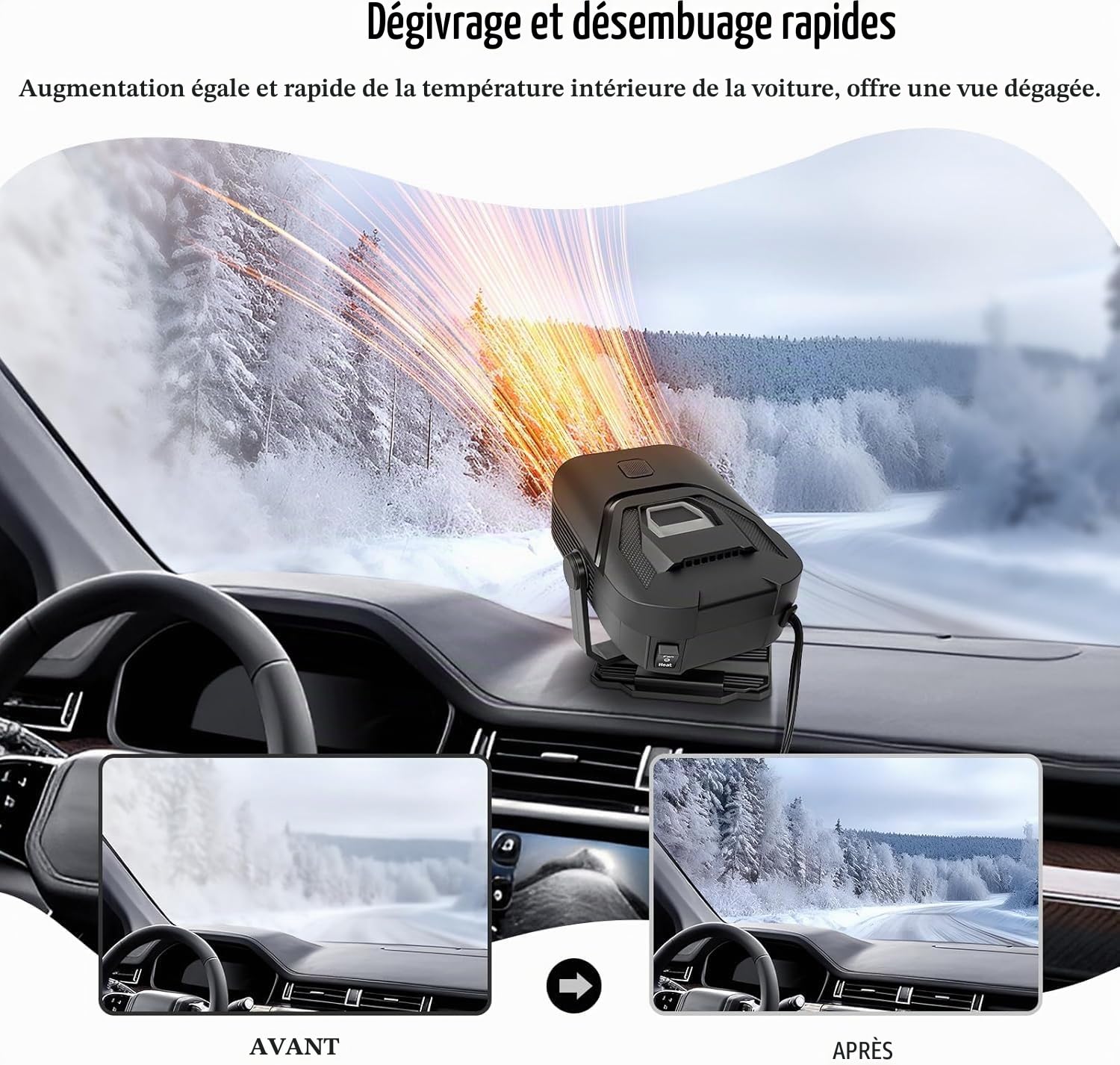 Chauffage de voiture, 2 en 1 Chauffage et refroidissement rapide avec dégivrage et désembuage, support à aspiration à rotation 360°, prise allume-cigare pour tous les pare-brise de voiture