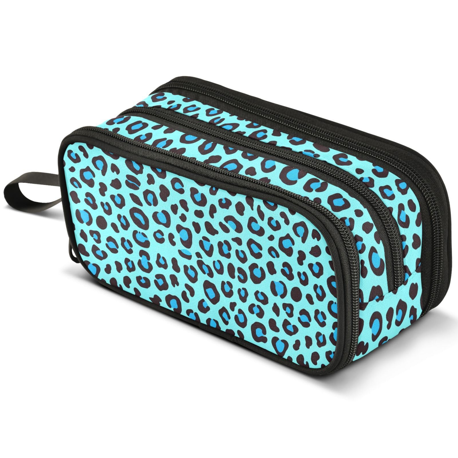 Mnsruu Blue Leopard Print Pencil Case Large Capacity Pen Pouch Pencil Bag with 3 Compartments Pen Holder Organizer Stationery Bag