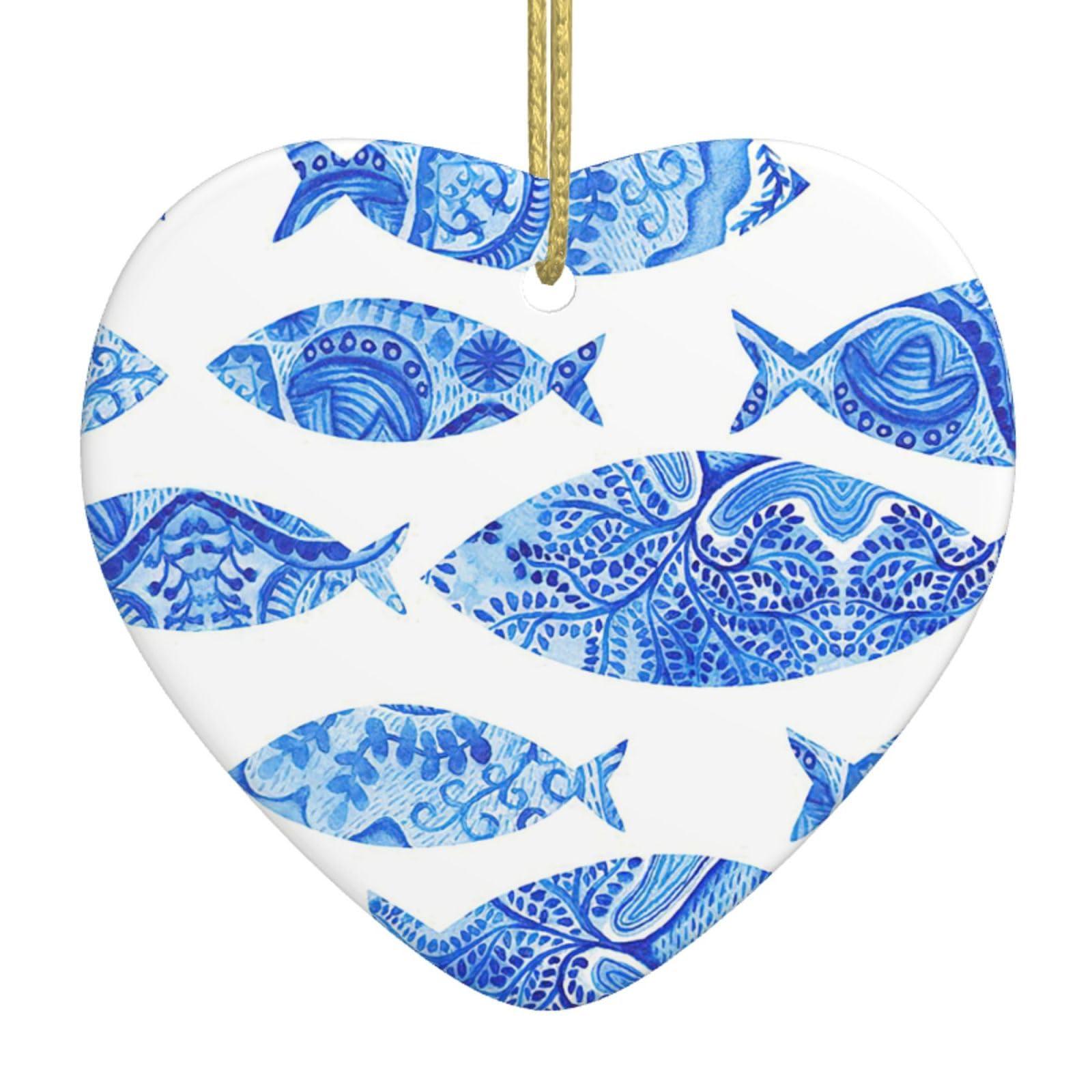 Nbtghga White Fish Painting Print Christmas Ornaments, Ceramic Hanging Ornament, Xmas Tree Decoration, Holiday Home Decor