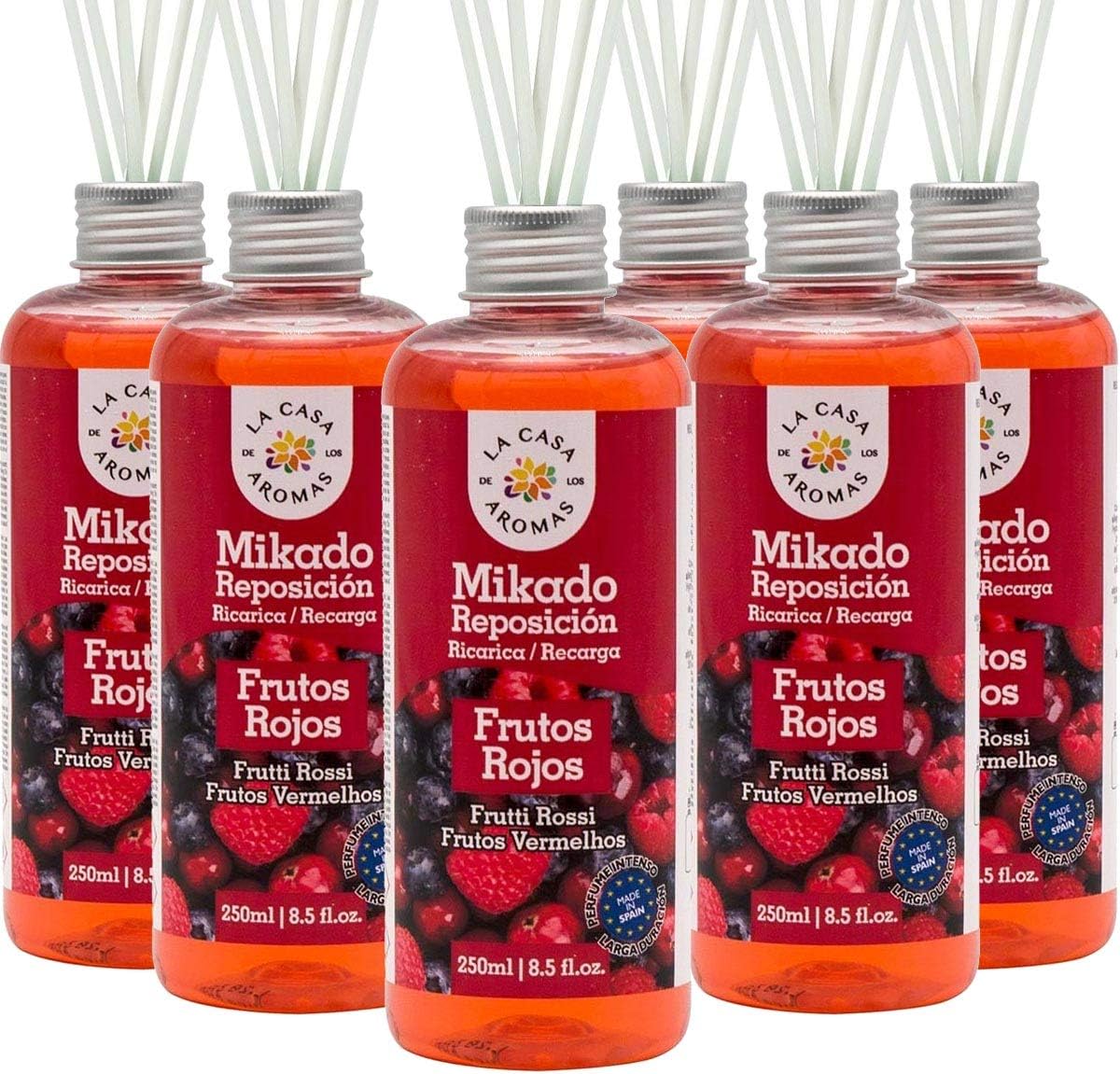 La Casa de los Aromas, Set de 6 x 250ml Ambientadores Mikado Frutos Rojos para Reposición con Varillas, Difusor Líquido de Aroma Frutos Rojos, Perfume Duradero para el Hogar, Baño, Casa - 6x250 ml