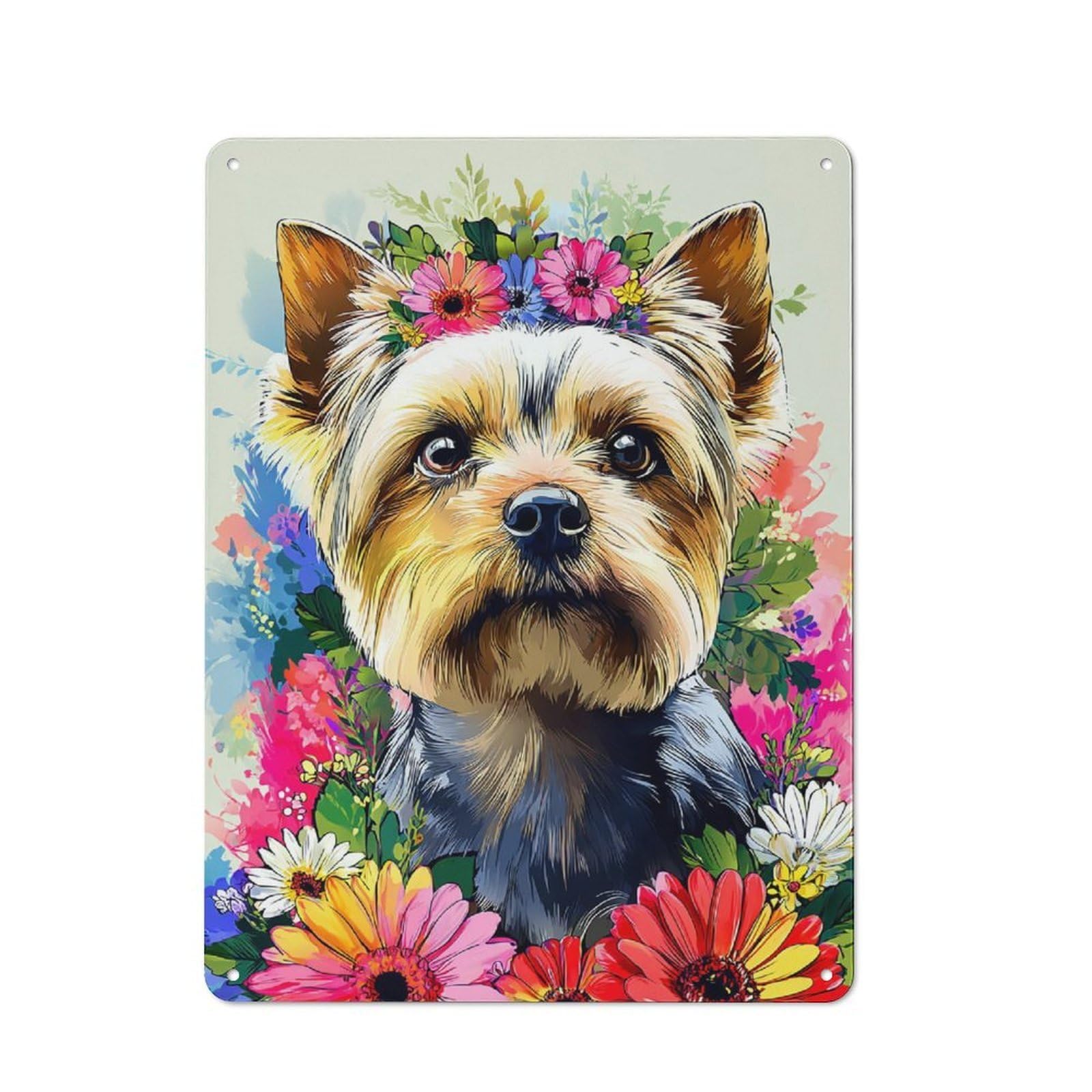 Junmoney Floral Crowned Yorkshire Terrier Printed Metal Sign 40X30cm For Hobby Room Or Studio, Gift Idea At Christmas For Creative Interior Collectors