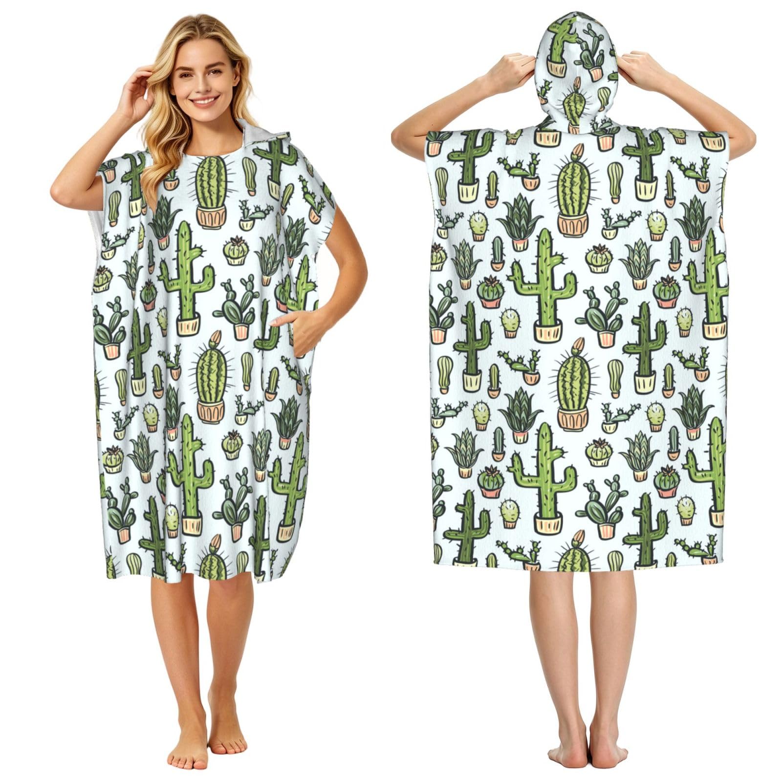 Poadnly Cactus In White Background Pattern, Adult Hooded Beach Towel 90 x 110 cm,Changing Bath Robe, Surf Poncho Towel For Women Men
