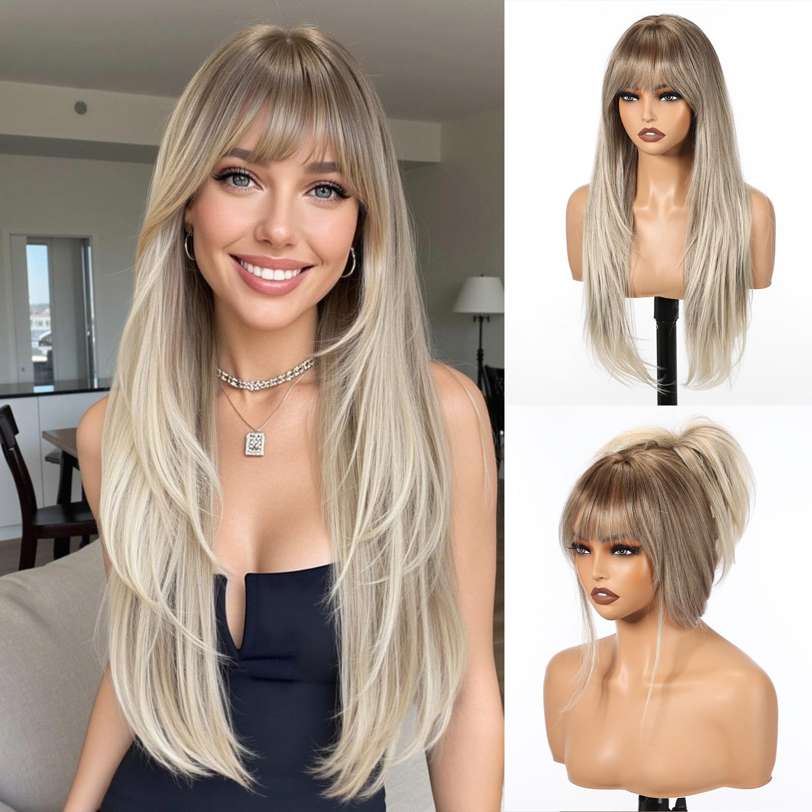 HAIRCUBE Long Straight Wigs for Women Layered Synthetic Wig with Bangs Ash Blonde Color for Daily