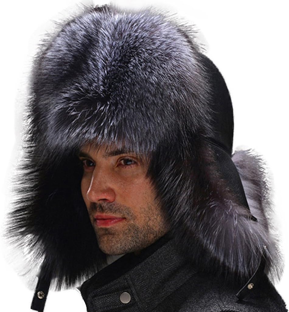 Fur Story Men's Fur Trapper Hat with Sheepskin Earflap Fox Fur Hat Winter Skiing Trooper Hat