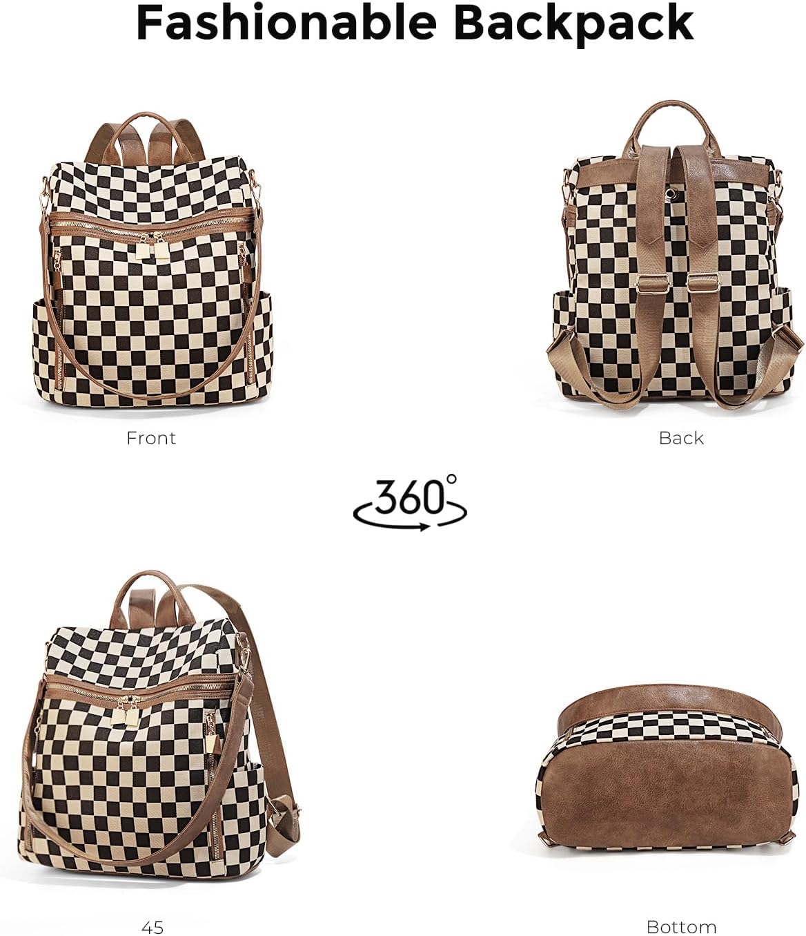 Checkered Backpack Purse - Checkered Bags for Women Plaid Backpack Handbags Back Pack Purse for Work (Brown)