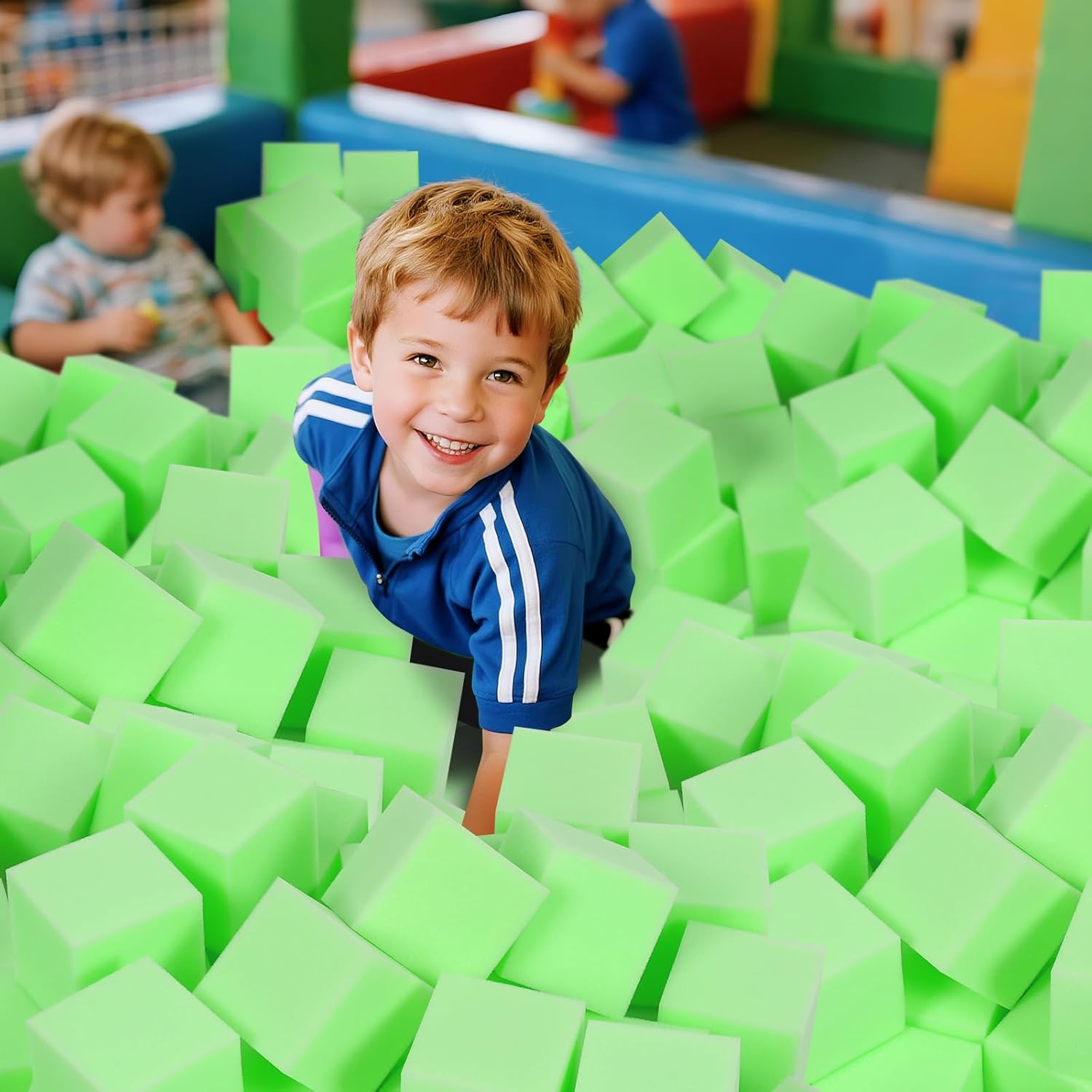48-Pack 5 Inch Foam Cubes, Soft Play Pit Fillers for Indoor Games, Trampoline & Rock Climbing Mats - Light Green