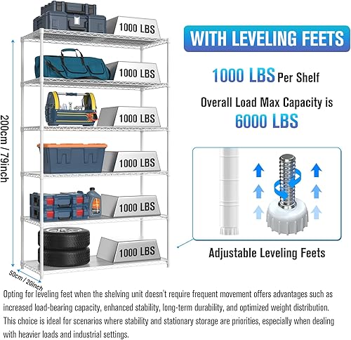 Miniatura 3 de Estantería de alambre NSF de 6 niveles, 20 x 48 x 84.5 pulgadas, capacidad de 6000 libras, estante de metal de almacenamiento ajustable resistente