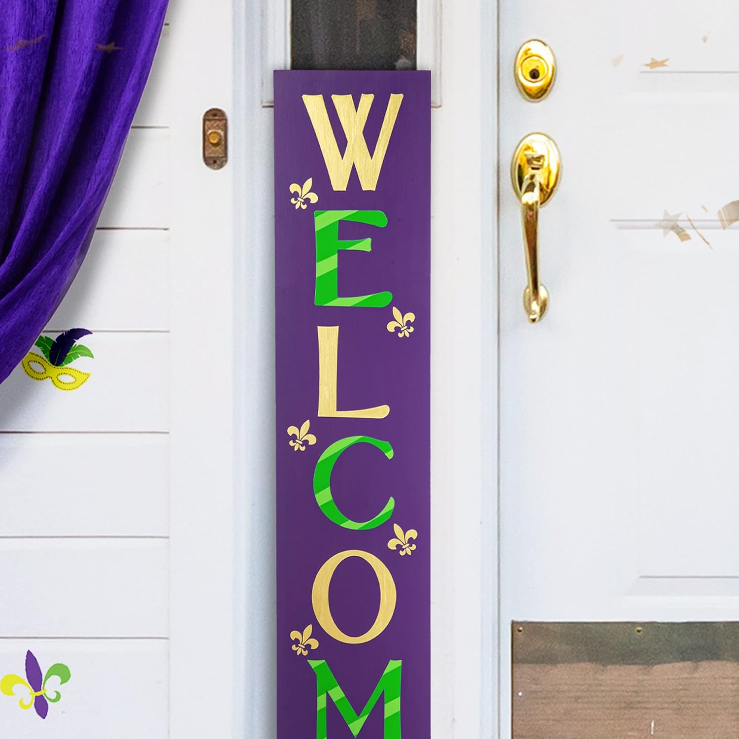 Glitzhome 42"H Mardi Gras WELCOME Wooden Porch Sign, Welcome Sign for Mardi Gras Day Standing Hanging Home Front Door Yard Party Decor