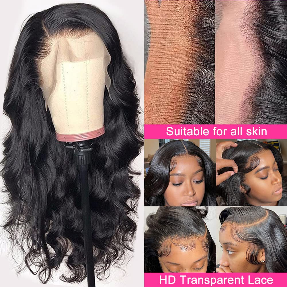 13x4 Body Wave Lace Front Wigs 32 Inch HD Transparent Lace Front Wigs for Black Women Human Hair 180% Density Glueless Wigs Human Hair Pre Plucked with Baby Hair Natural Black