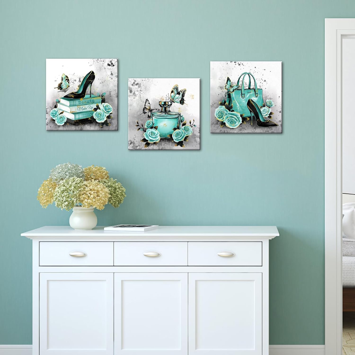 OuElegent Teal Grey Wall Decor Handbag Perfume Wall Art Turquoise Grey Pictures Fashion Paintings for Home Decor 12''x12''x3(Teal)