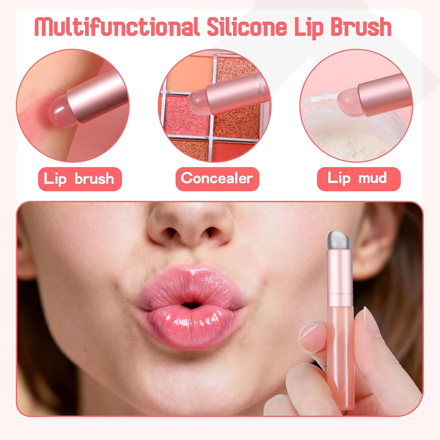 Sibba 6Pcs Silicone Lip Brush, Reusable Lip Applicator with Cap, Makeup Tool for Lipstick Mask Balm Gloss, Gray Pink