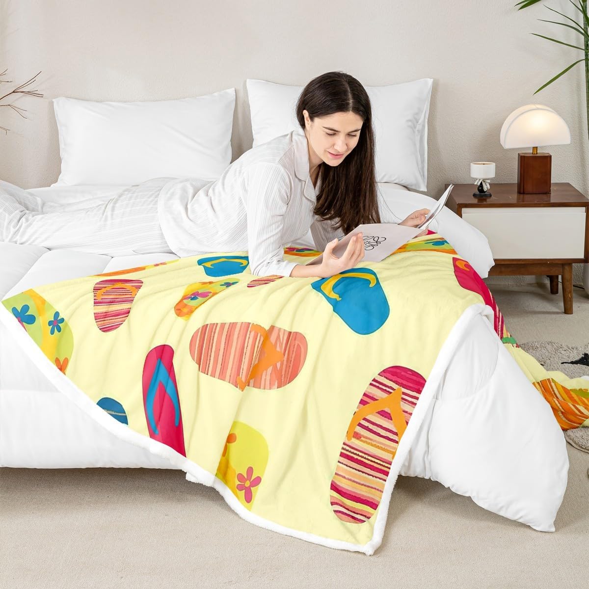 Erosebridal Summer Holiday Blanket Ocean Wave Throw Blanket for Bed, Teal Flip Flops Sherpa Blanket Blue Polka Dots Fleece Blanket, Starfish Conch Seashell Fuzzy Blanket Microfiber Super Cozy