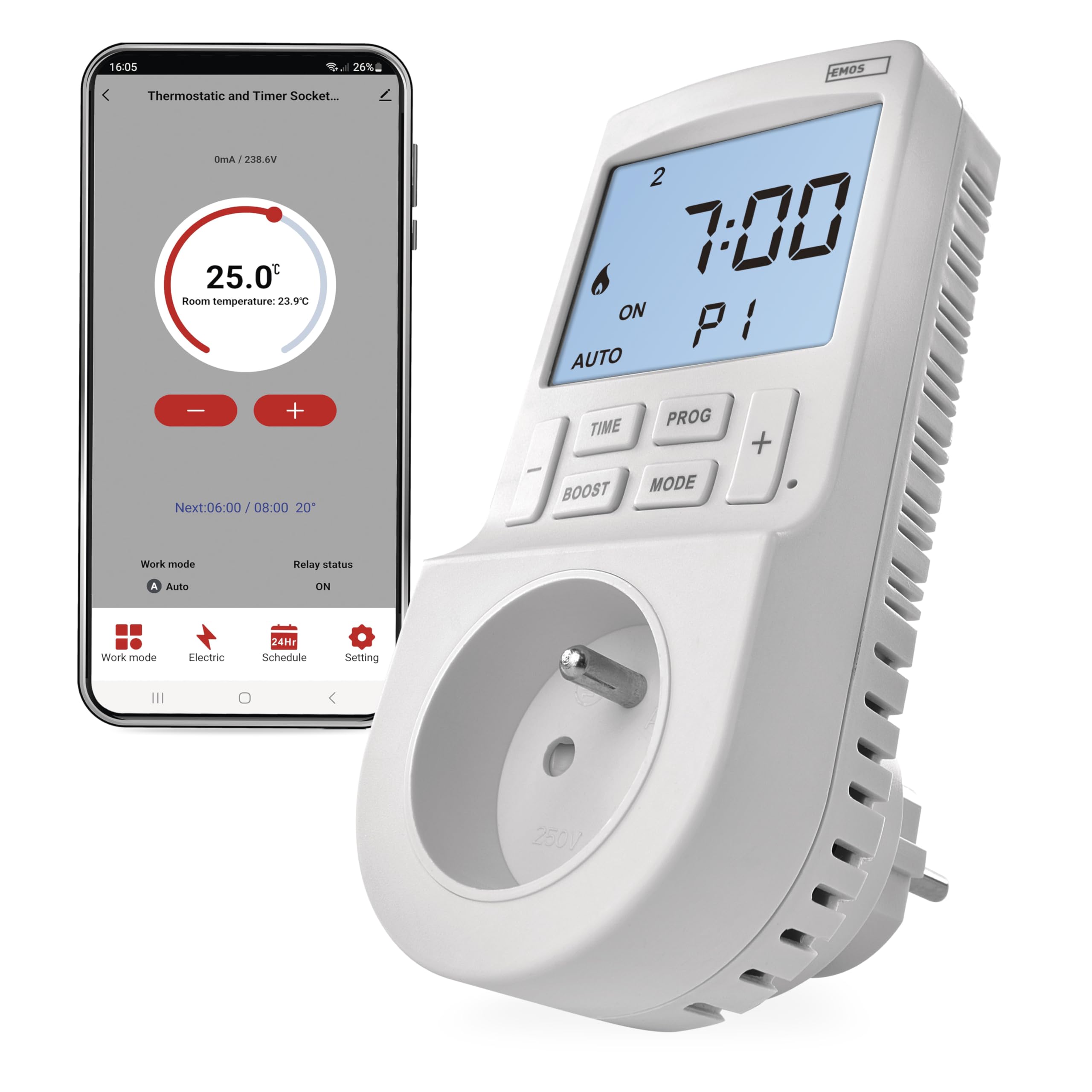 EMOS GoSmart - Thermostat et minuterie de Prise 2en1 avec app - régulateur de température ambiante numérique Smart Home et Prise de Courant avec minuterie pour Le Chauffage et la climatisation