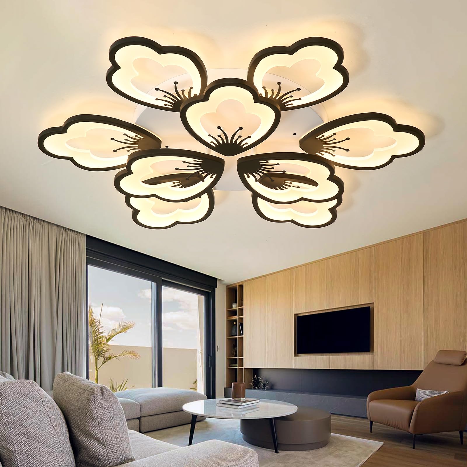 Caufloce LED Lampara Techo Flor APP Mando A Distancia Moderna Luces Techo Grande Regulable 3000K-6000K Salon Iluminación De Techo Smart Metal 54W Clasicos Para Dormitorio, Cocina, Comedor-Black||85cm