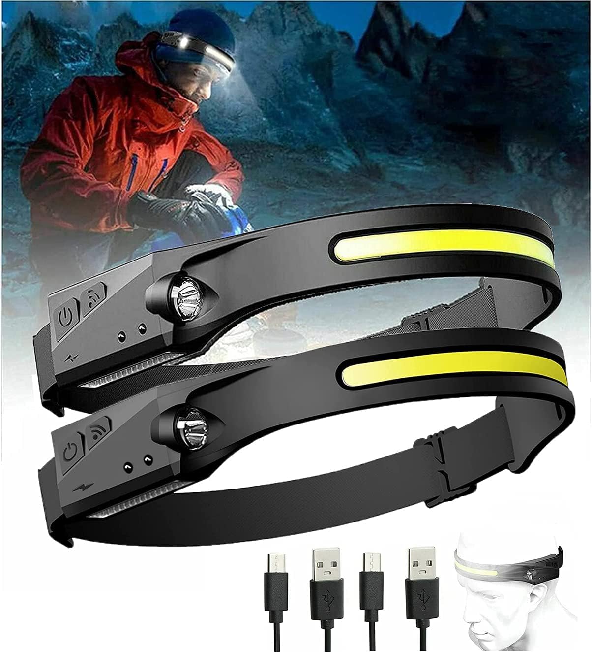 KROLODOR GoBeam 230° LED Headlamp, 220 Wide Beam Led Headlamp Rechargeable, Hi-Beam Work Light Headband, 350 High Lumen Led Output, Hand Wave Induction, Weatherproof Headlamp (2pcs)