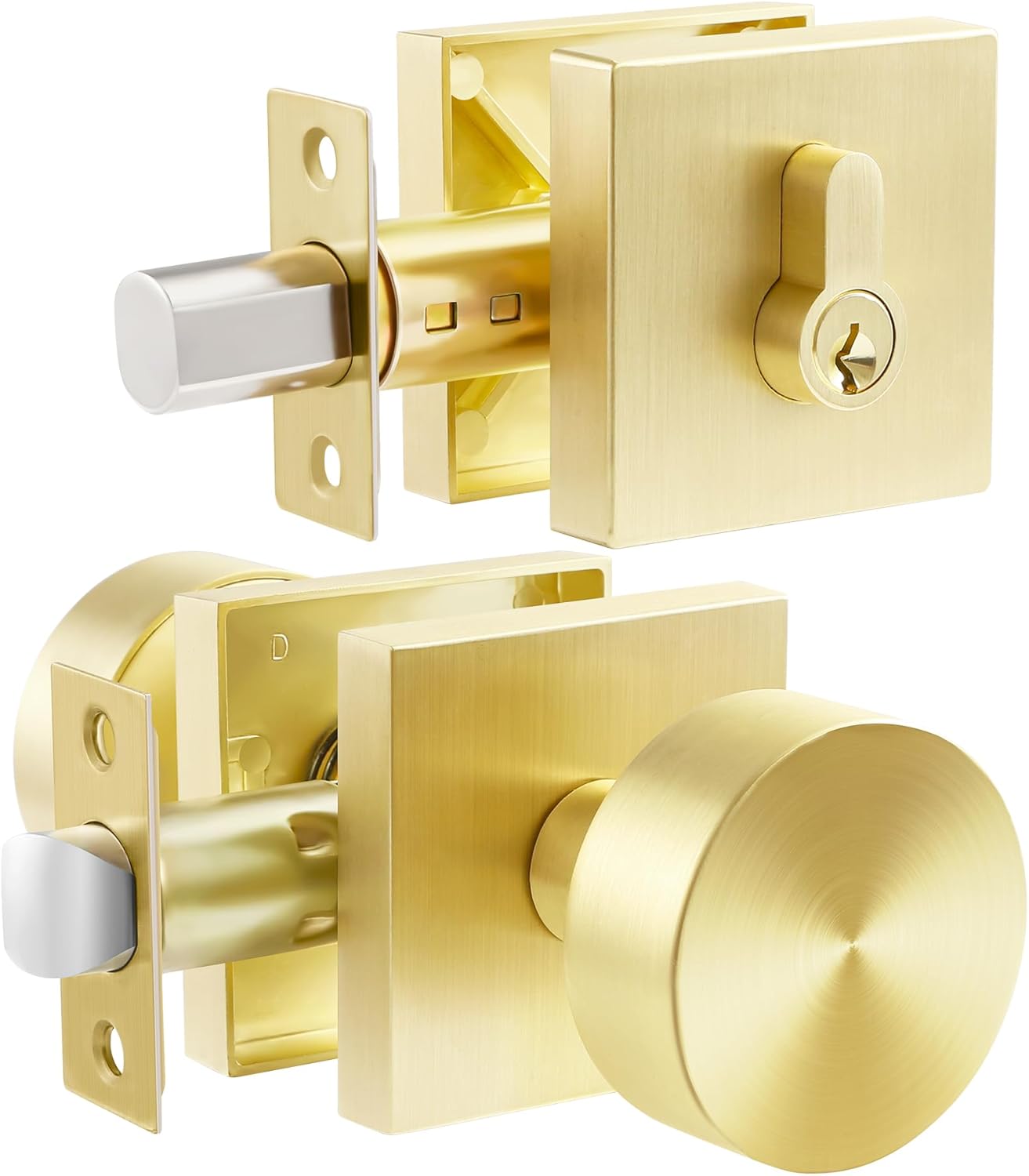 1 Pack Front Door Lock Set,Front Door Entry Knobs Single Cylinder Deadbolt Combo Set,Gold Door Knobs with Same Keys,Satin Brass
