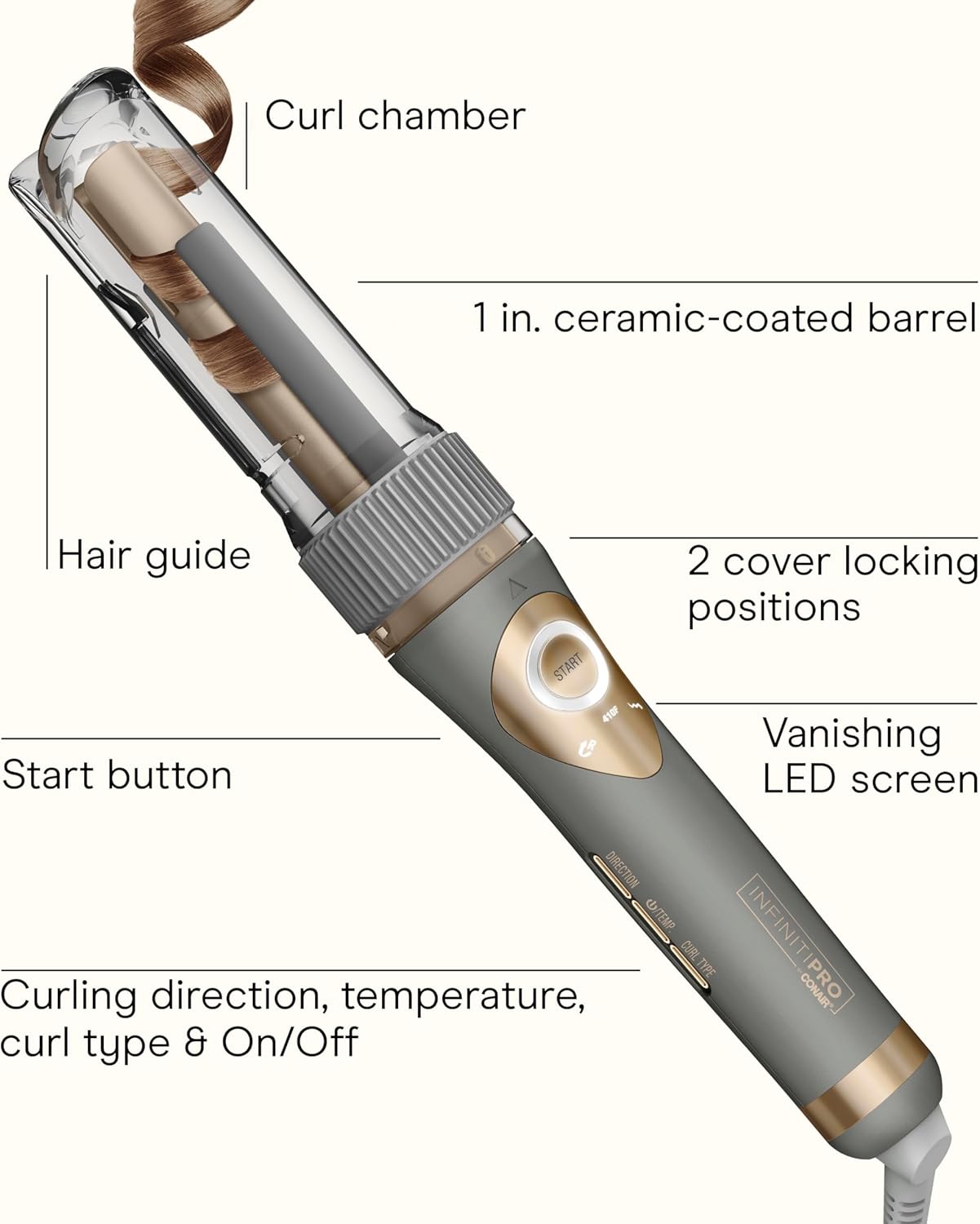 INFINITI PRO CONAIR Curl Secret Automatic Curling Iron, ¾-inch Curling Iron Barrel, Automatic Hair Curler for All Hair Types and Lengths, Dual Voltage for Worldwide Travel, Gray/Gold