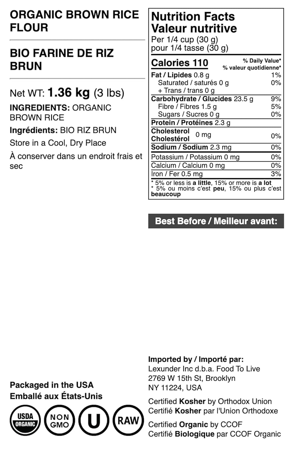 Food to Live Organic Brown Rice Flour, 3 Pounds - Non-GMO, Finely Ground from Long Grain Rice, Unbleached, Untreated, Vegan Meal, Kosher, Bulk Powder